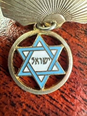 Vintage Hebrew Star of David Brooch in Light Blue, White & Gold